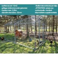 Volière Poule - Enclos Lapin Et Chat - 12m² 6x2x2,25m - Ø32mm Acier Galvanisé -Fournitures De Volaille grand enclos poulailler parc grillage 2x6x2 25m description