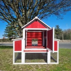 Poulailler Deluxe Rouge Toit Shingle Vert Jusqu’à 12 Poules V3.0 -Fournitures De Volaille poulailler deluxe rouge toit vert 12 poules vue arriere ouvert
